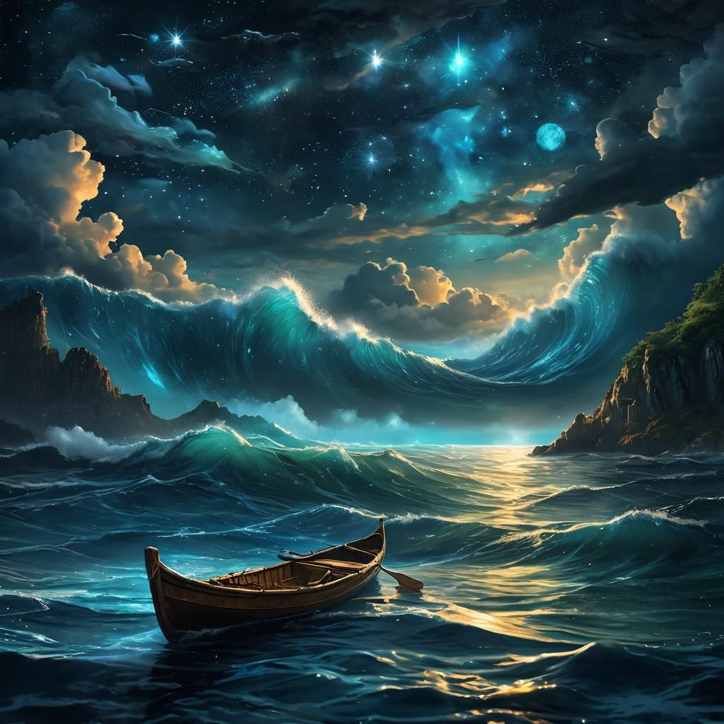 Night Canoe on the Sea: Fantasy Concept Art