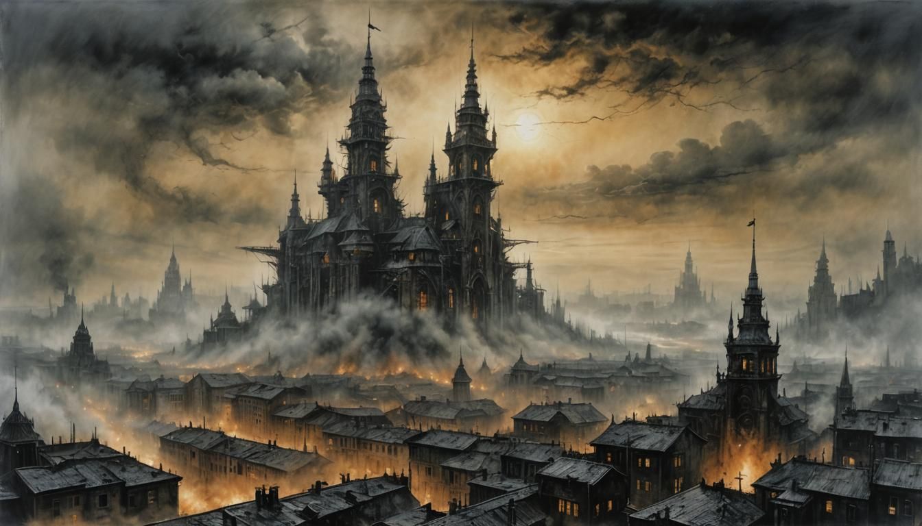 Burning Dieselpunk City in Encaustic Style