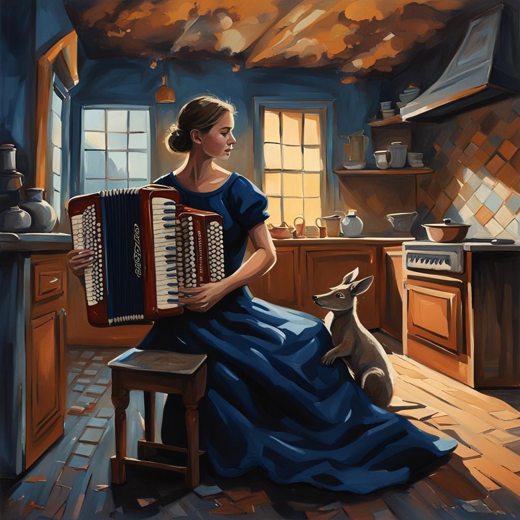 Playing accordion for a kangaroo in a kitchen