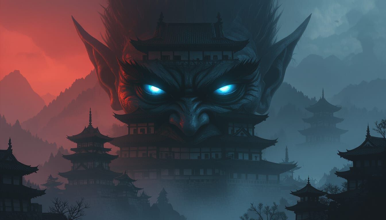 The face of a Japanese goblin with piercing blue eyes is double exposed over a Japanese pagoda castle. The dark, forebod...