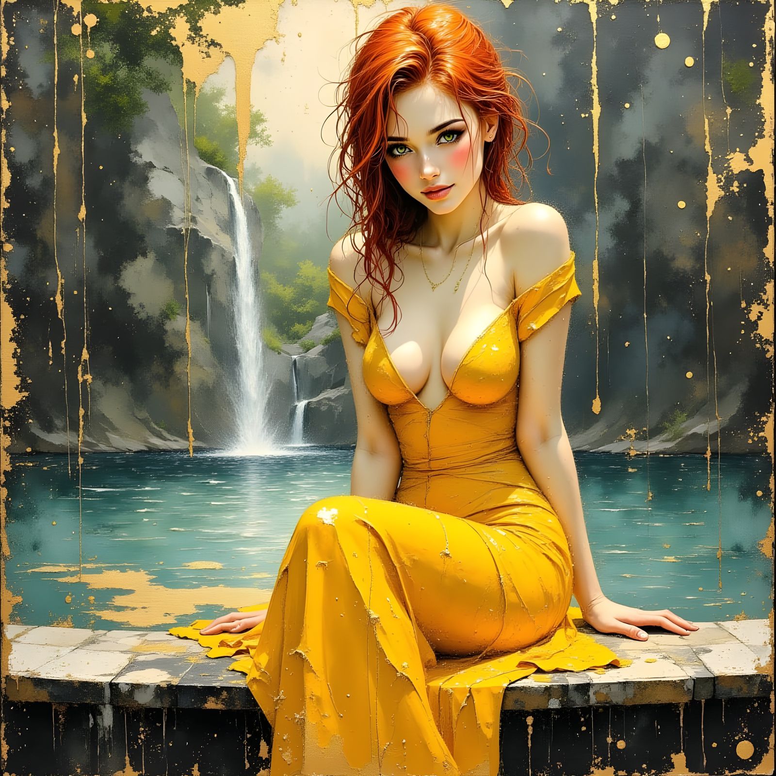 Norse Sun Goddess Laughing by Water Fountain