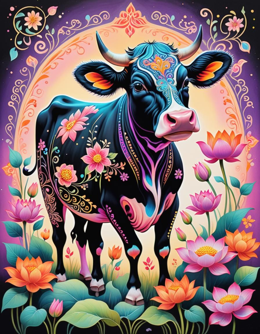 Fluorescent Cow in Bioluminescent Forest, Dreamlike Illustra...