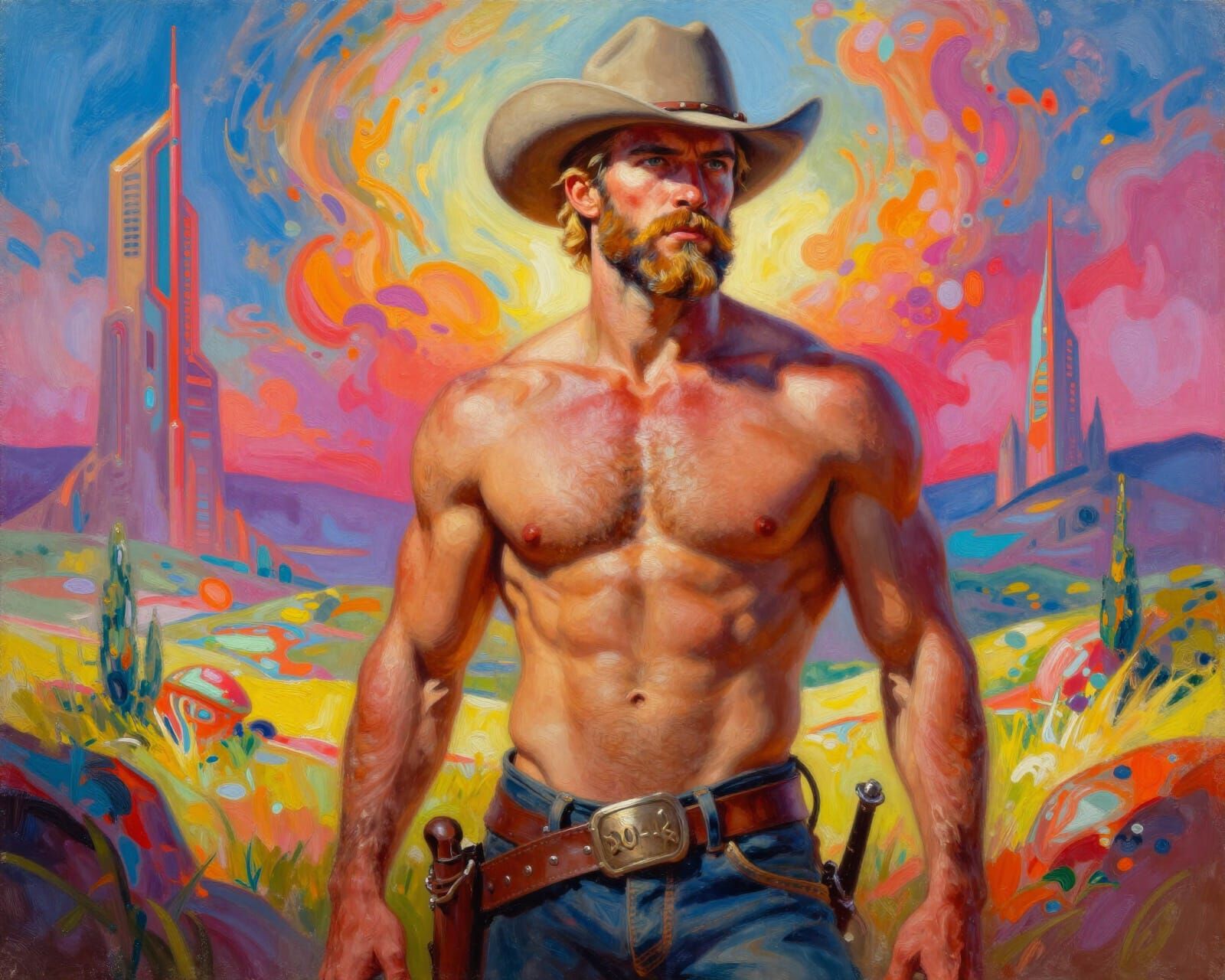 Surreal Sci-Fi Cowboy in Vibrant Landscape Painting