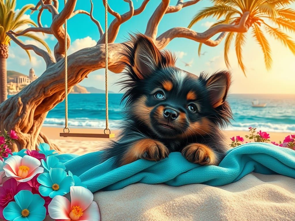Joyful Huskey Puppy Plays with Kitty in Vibrant Beach Scene