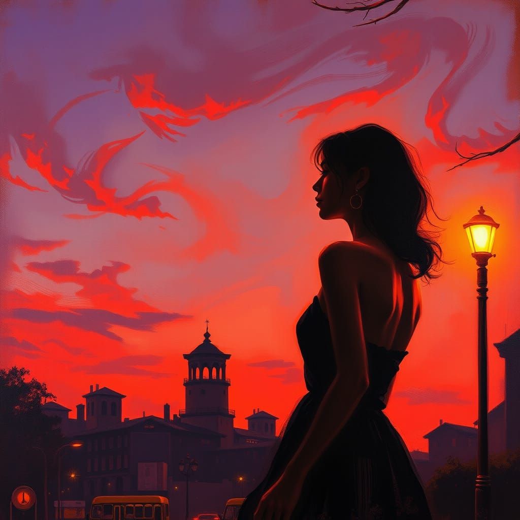 Melancholy Woman in Twilight Cityscape