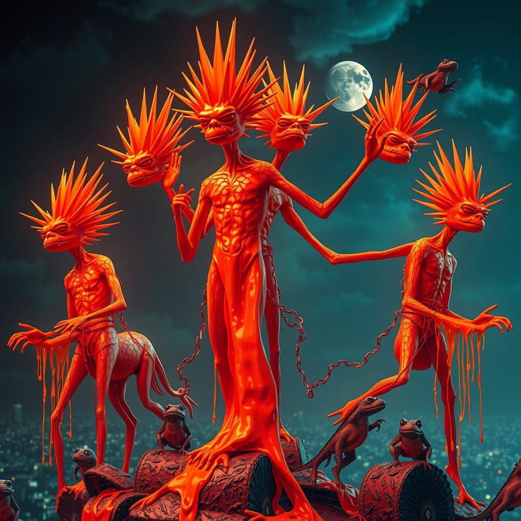 Vibrant Neon Realm of Spiked Beings and Dancing Aliens