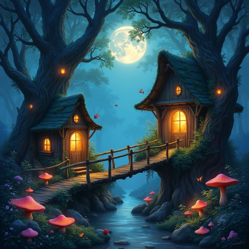 Enchanting Forest Treehouses Under Full Moon