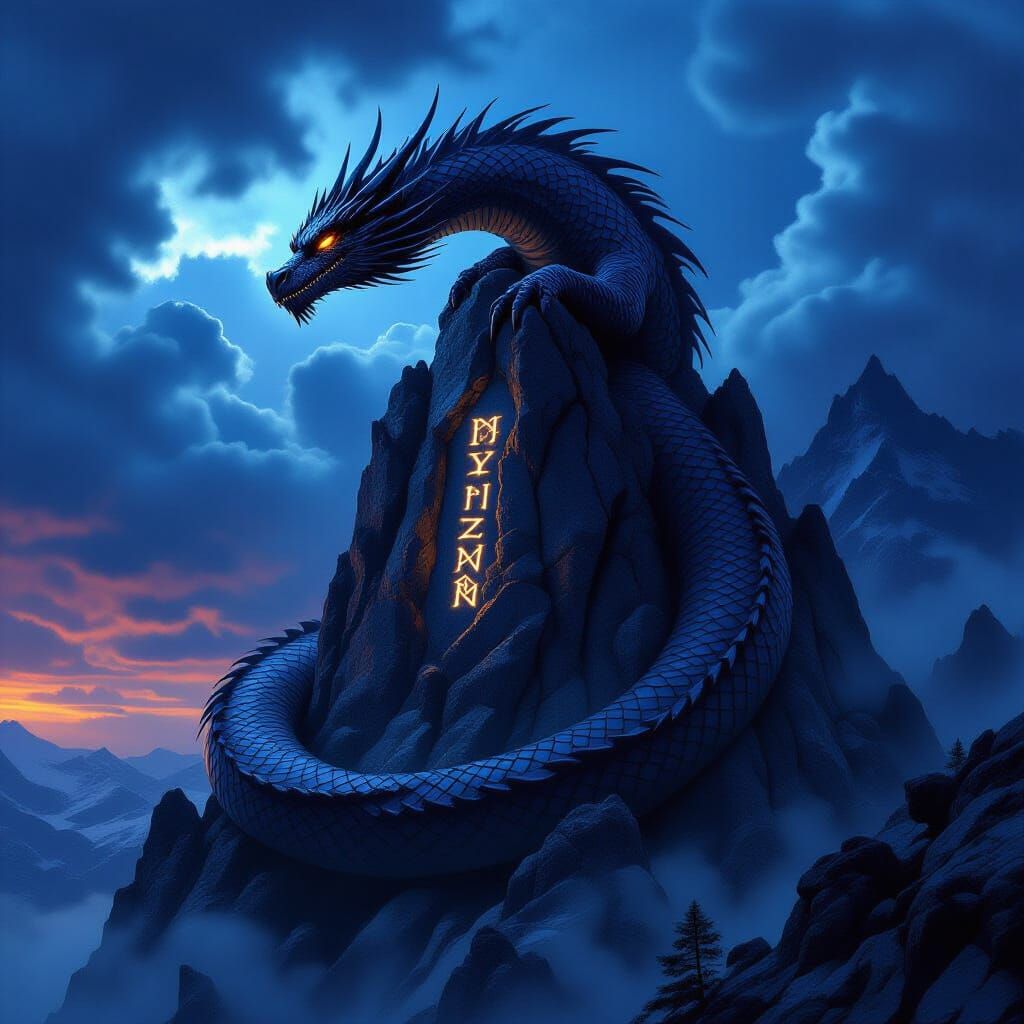 Colossal Dragon on Mountain Peak in Stormy Twilight