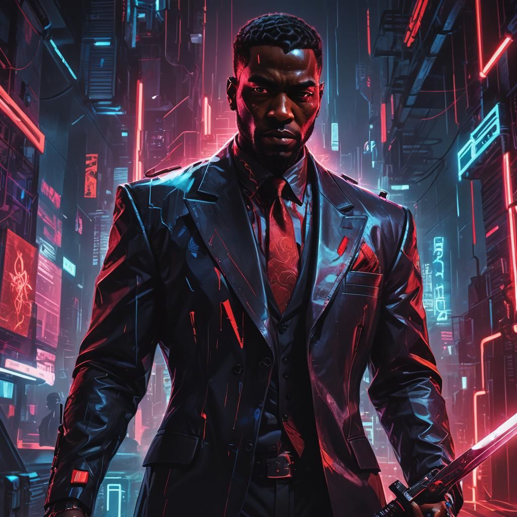 Cyberpunk Portrait of a Man with Dagger in Neon Glow