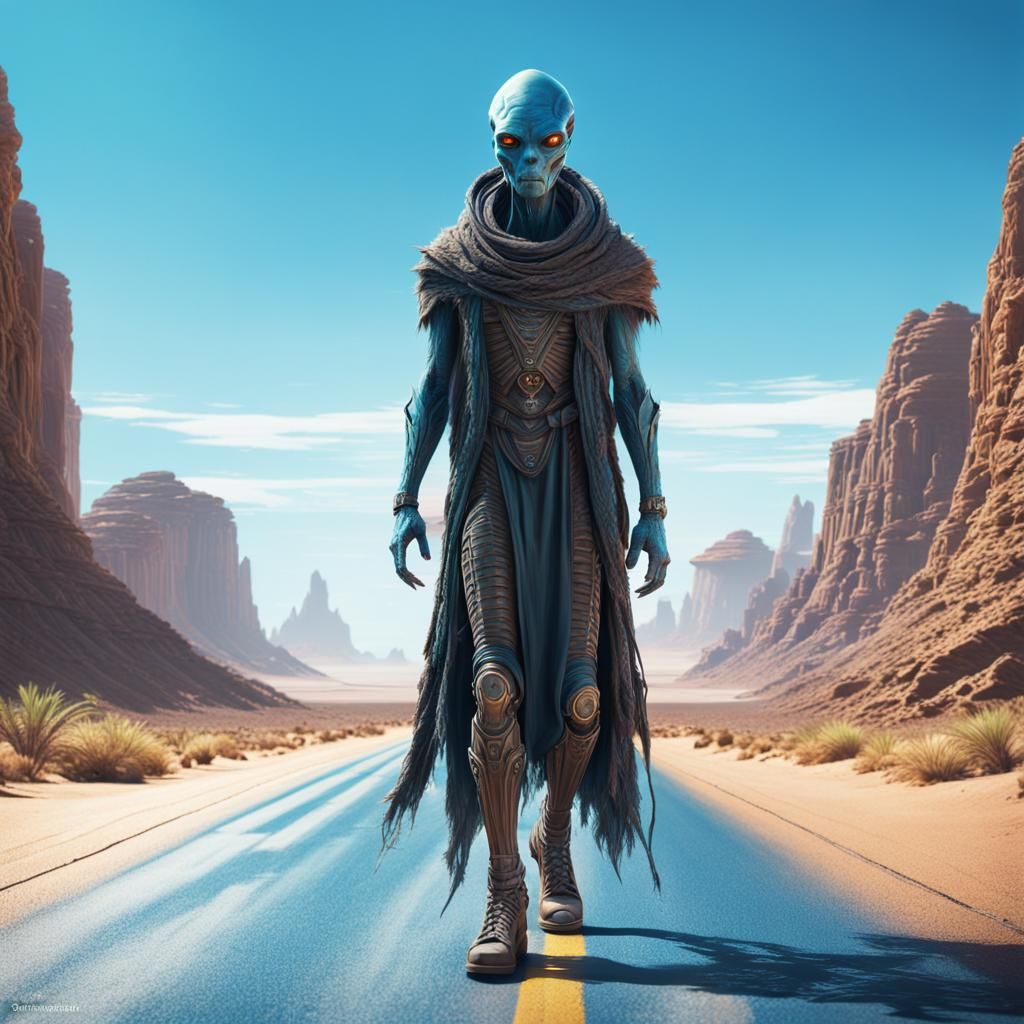 Alien Nomad Walks Desert Highway: Cinematic Realism