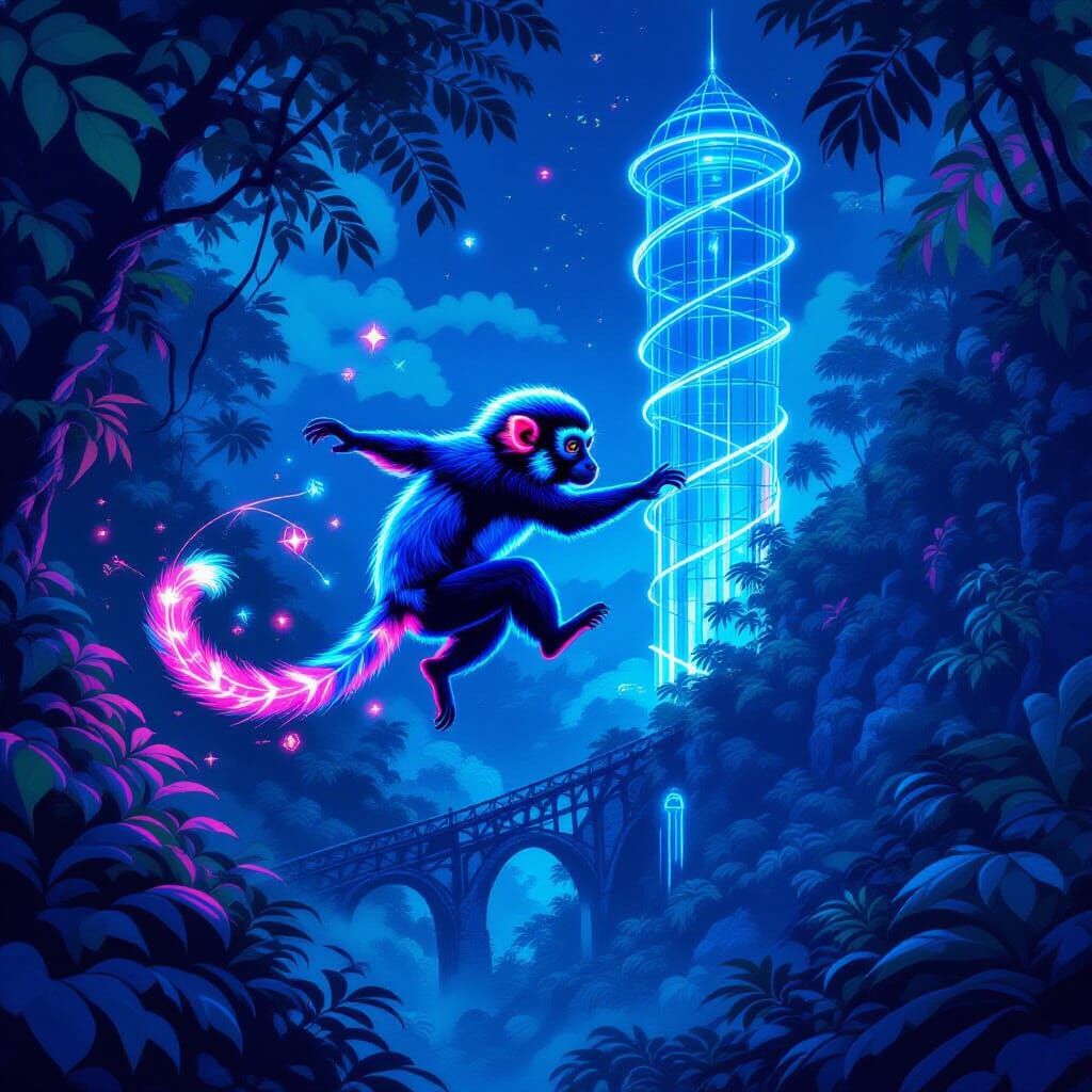 Bioluminescent Tamarin Leaps Through Neon Jungle