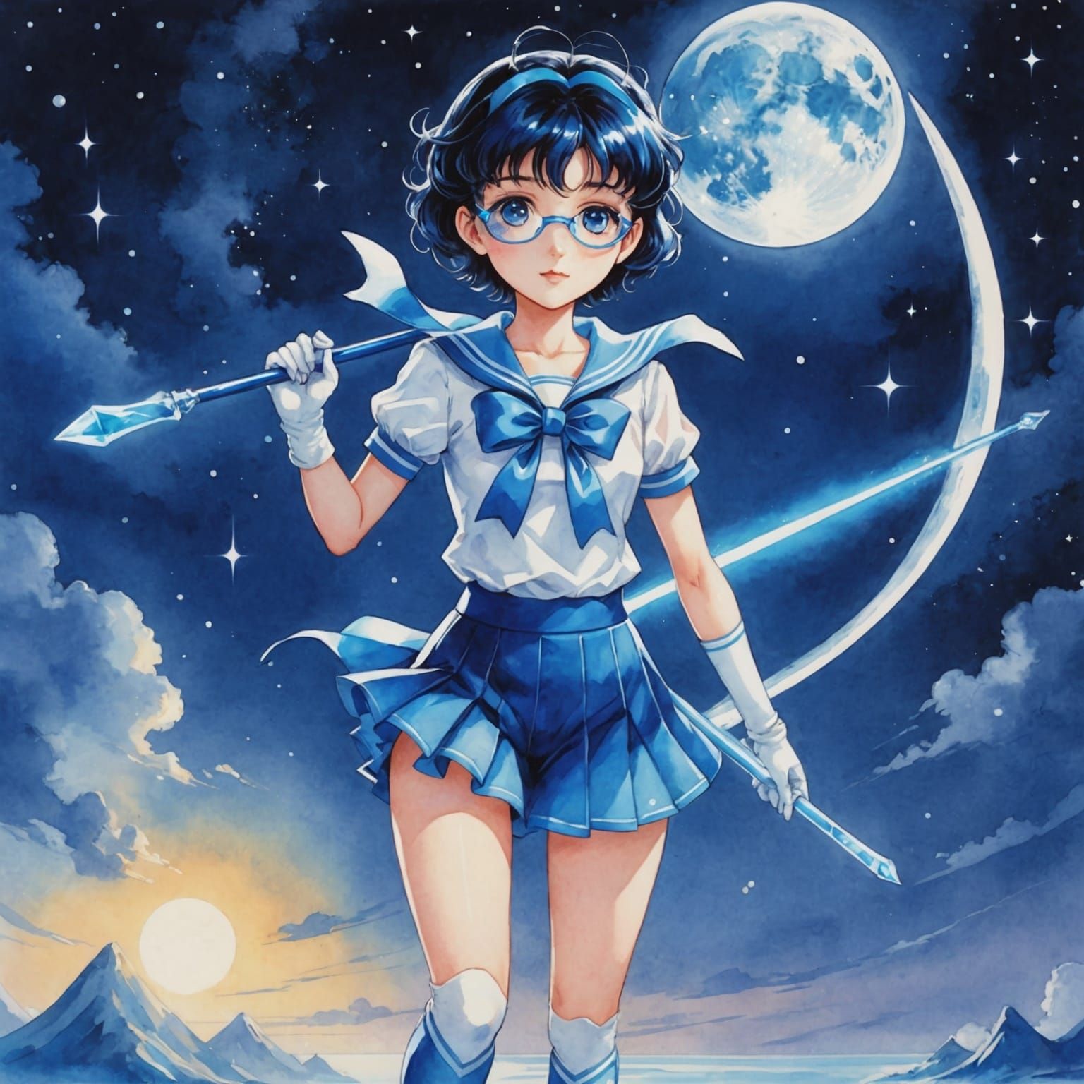 Sailor Mercury Anime Art with Crystal Moon Stick