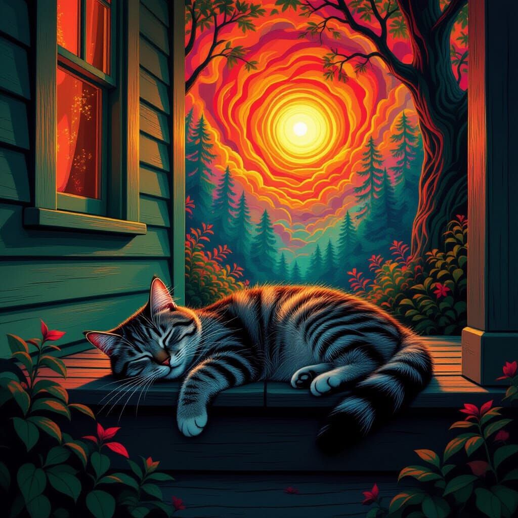 Psychedelic Cat Nap in Bioluminescent Forest