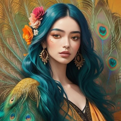 Abstract Expressionist Portrait with Peacock Feathers