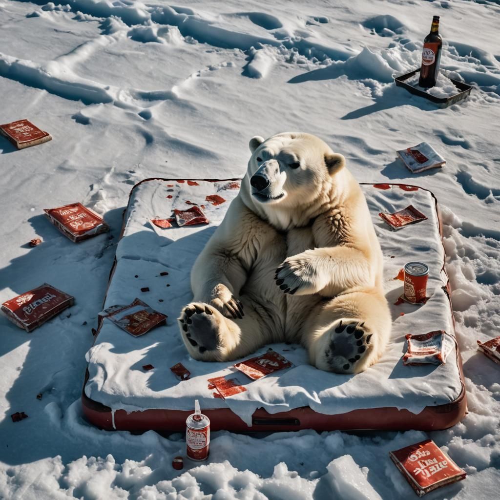 Depressed Polar Bear on Mattress in Winter Landscape