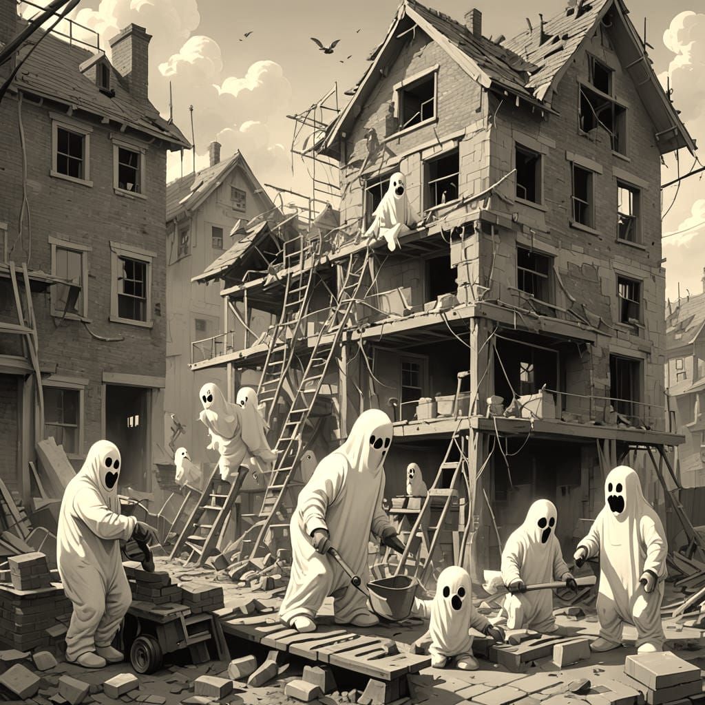 Humorous Ghosts Constructing Haunted House in Matte Painting