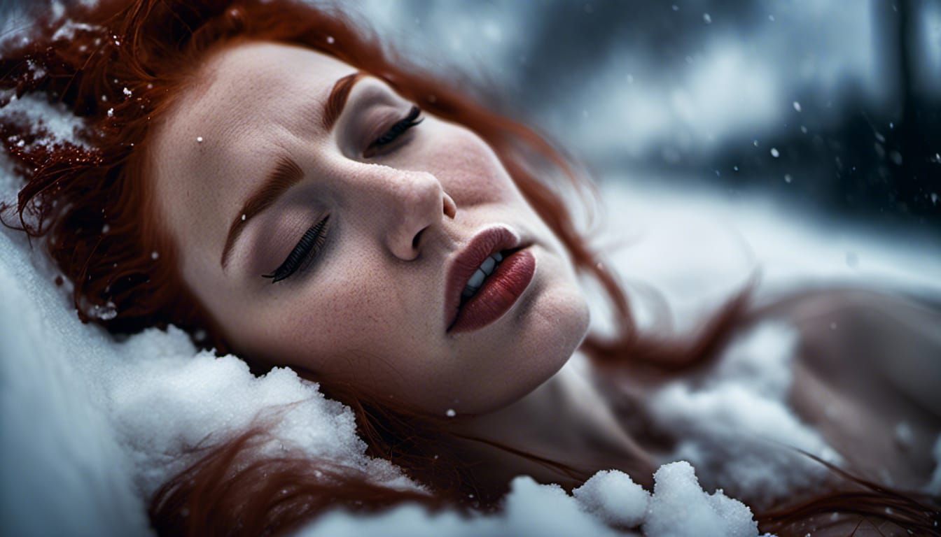Emotional Redhead Crying in Snow, Detailed Portrait