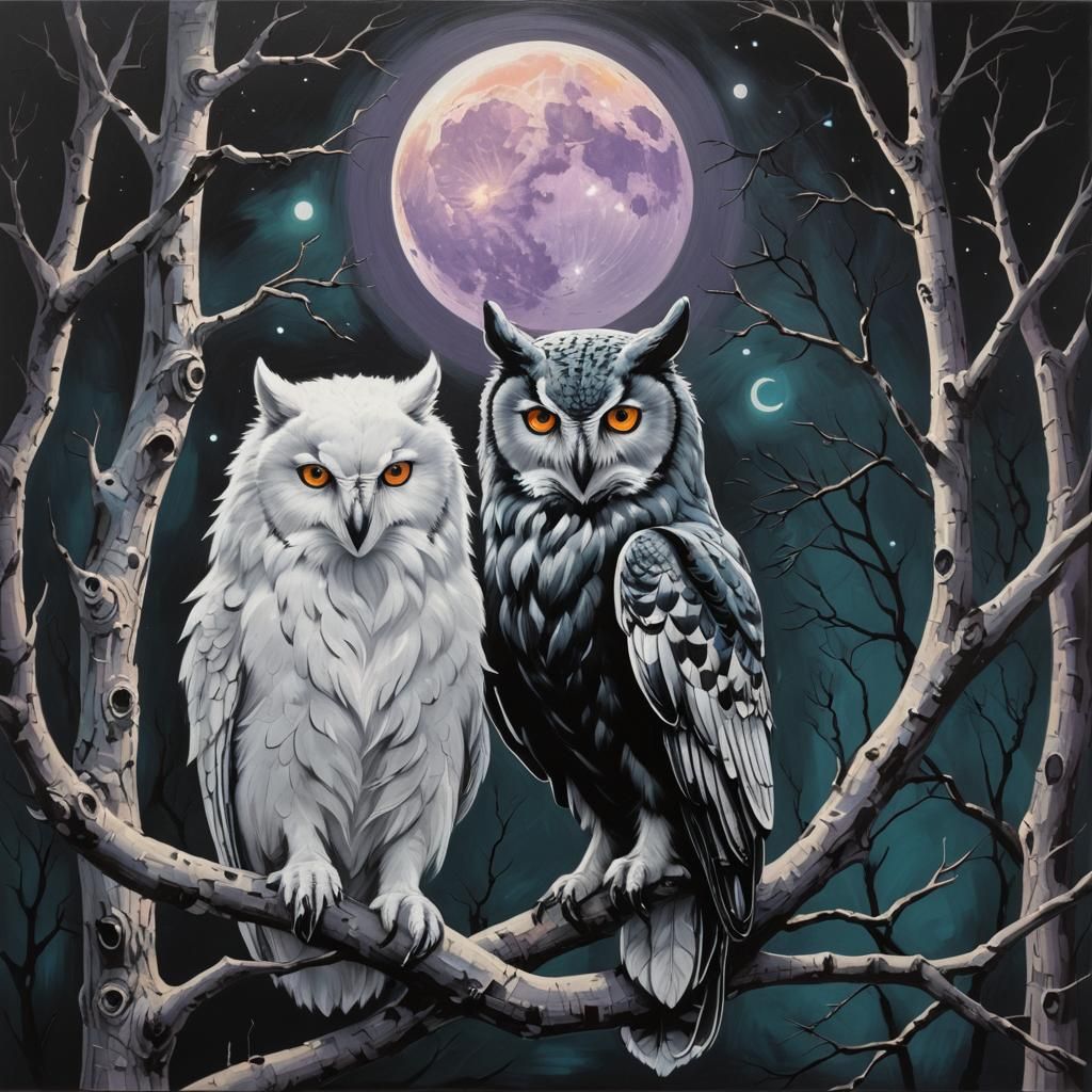 Matte Painting of Checkered Owl and White Wolf