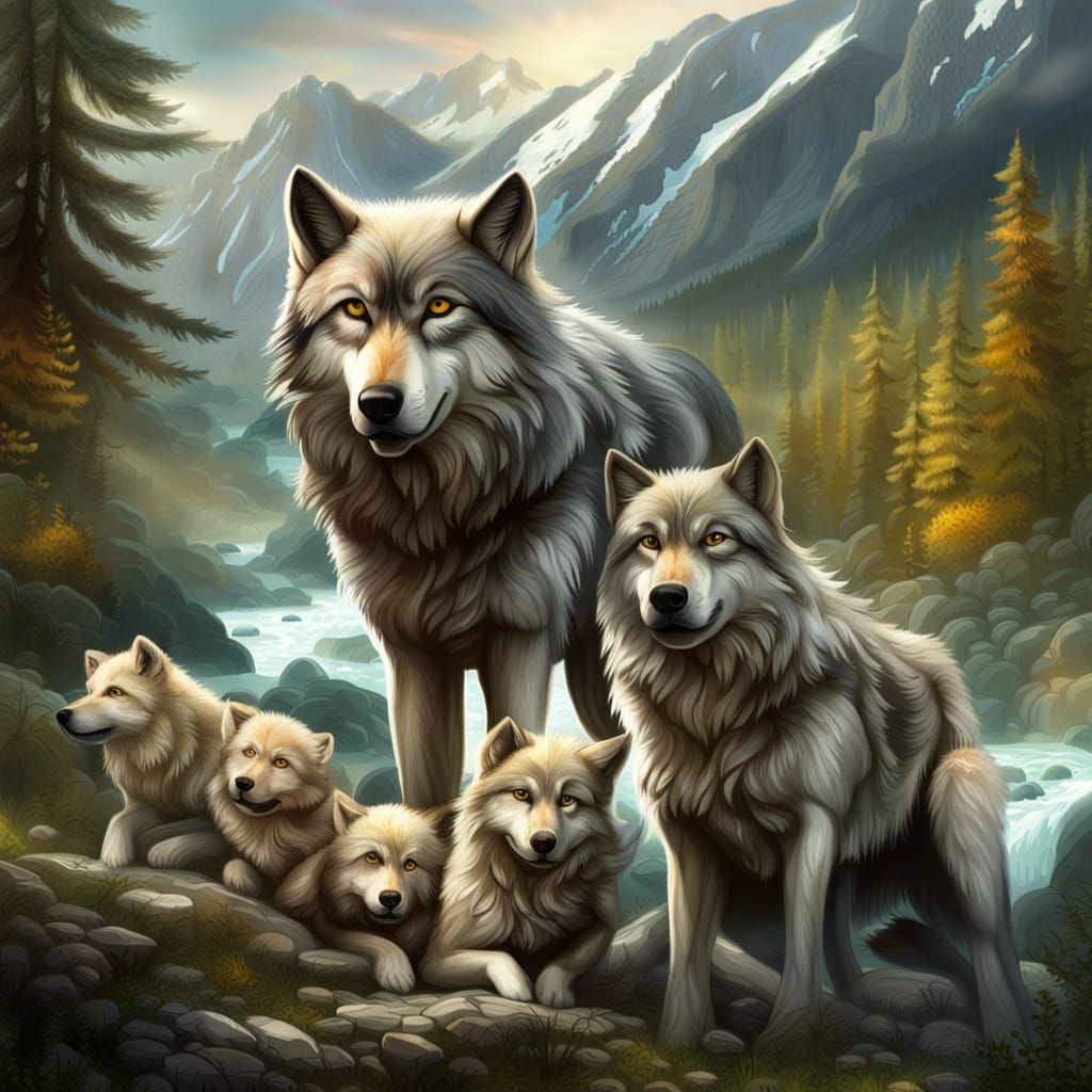 Wolves and Pups in Mountain Habitat as Digital Art