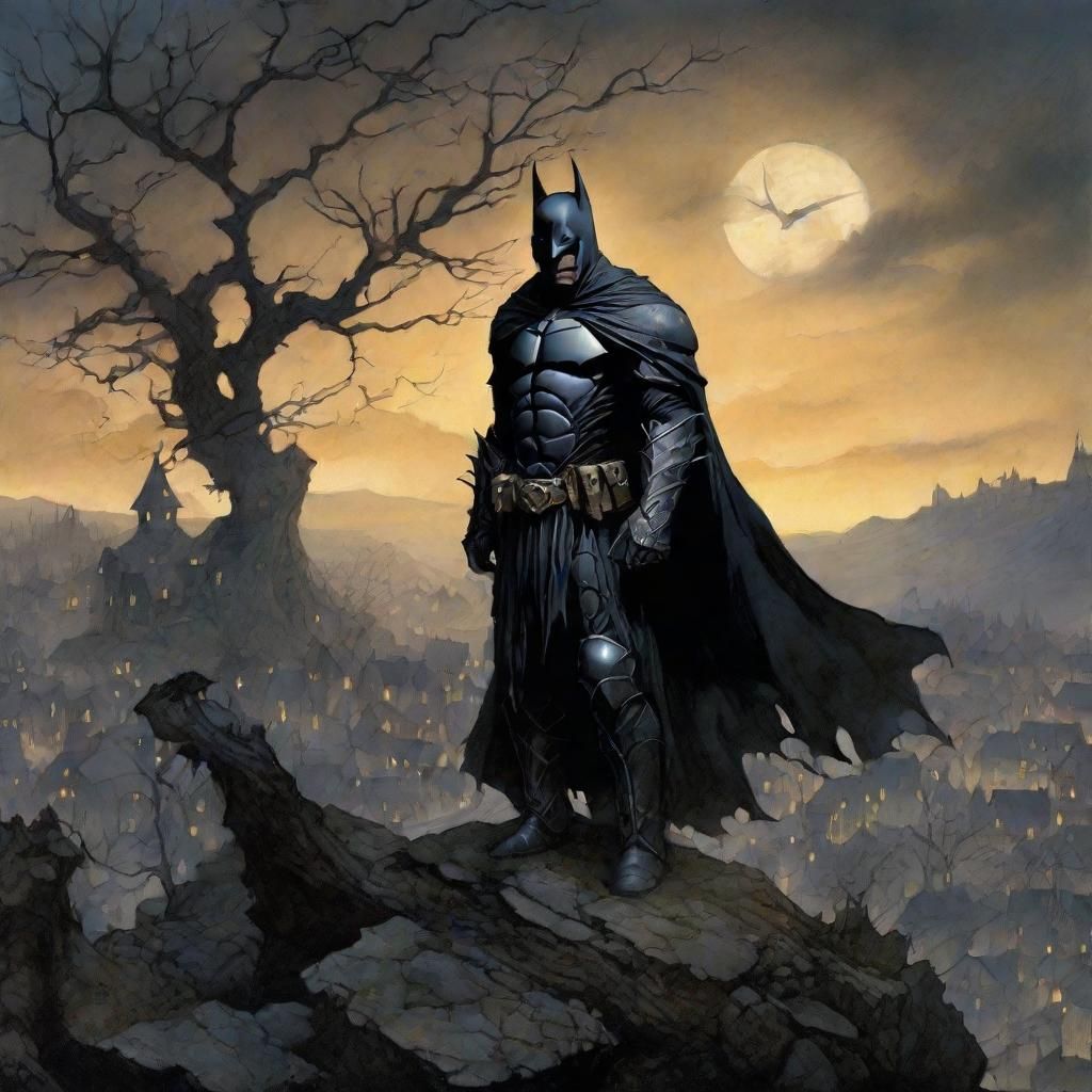 Brooding Dark Knight Overlooks Ravaged Village