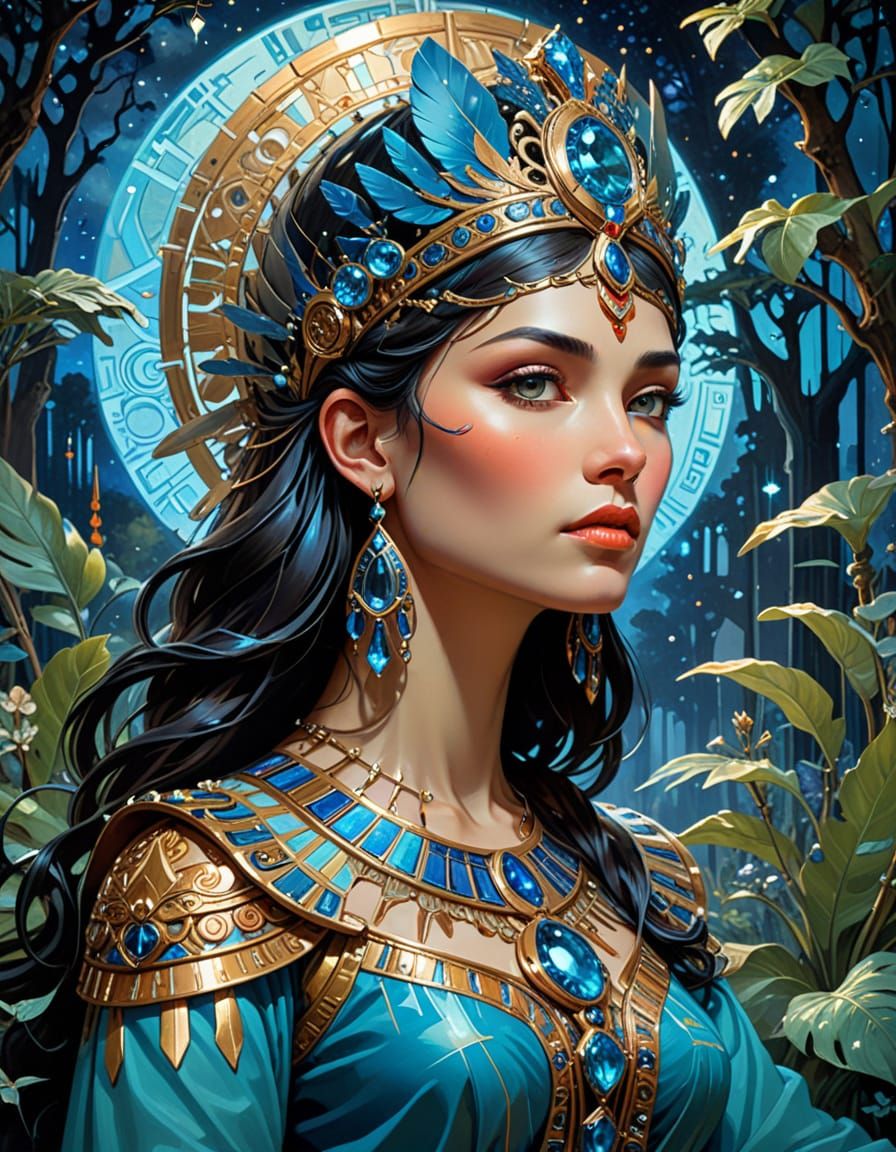 Regal Cleopatra and Sci-Fi Ruler in Fantasy Forest