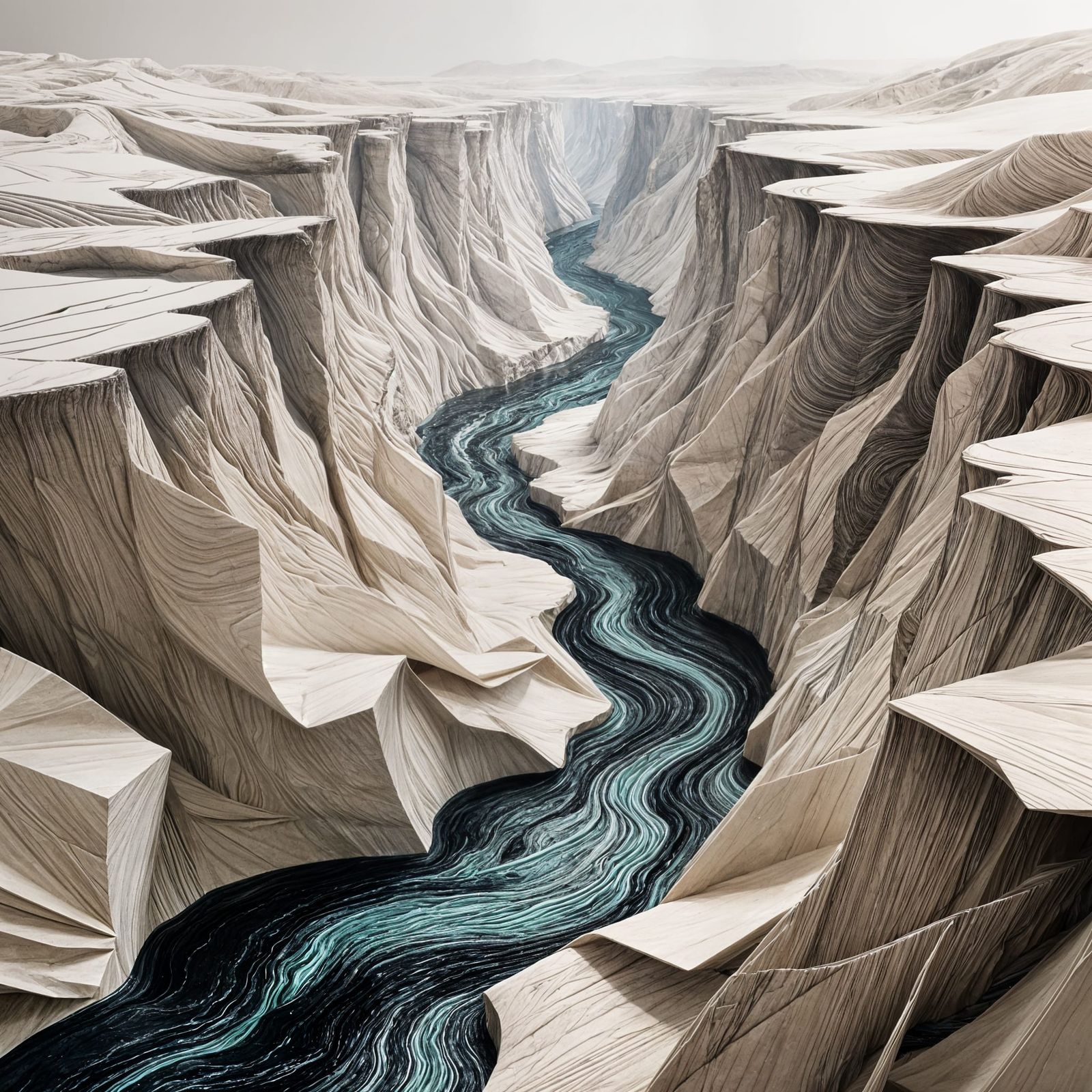 Paper Canyon With Ink Rivers, Mystical Hand-Drawn Style