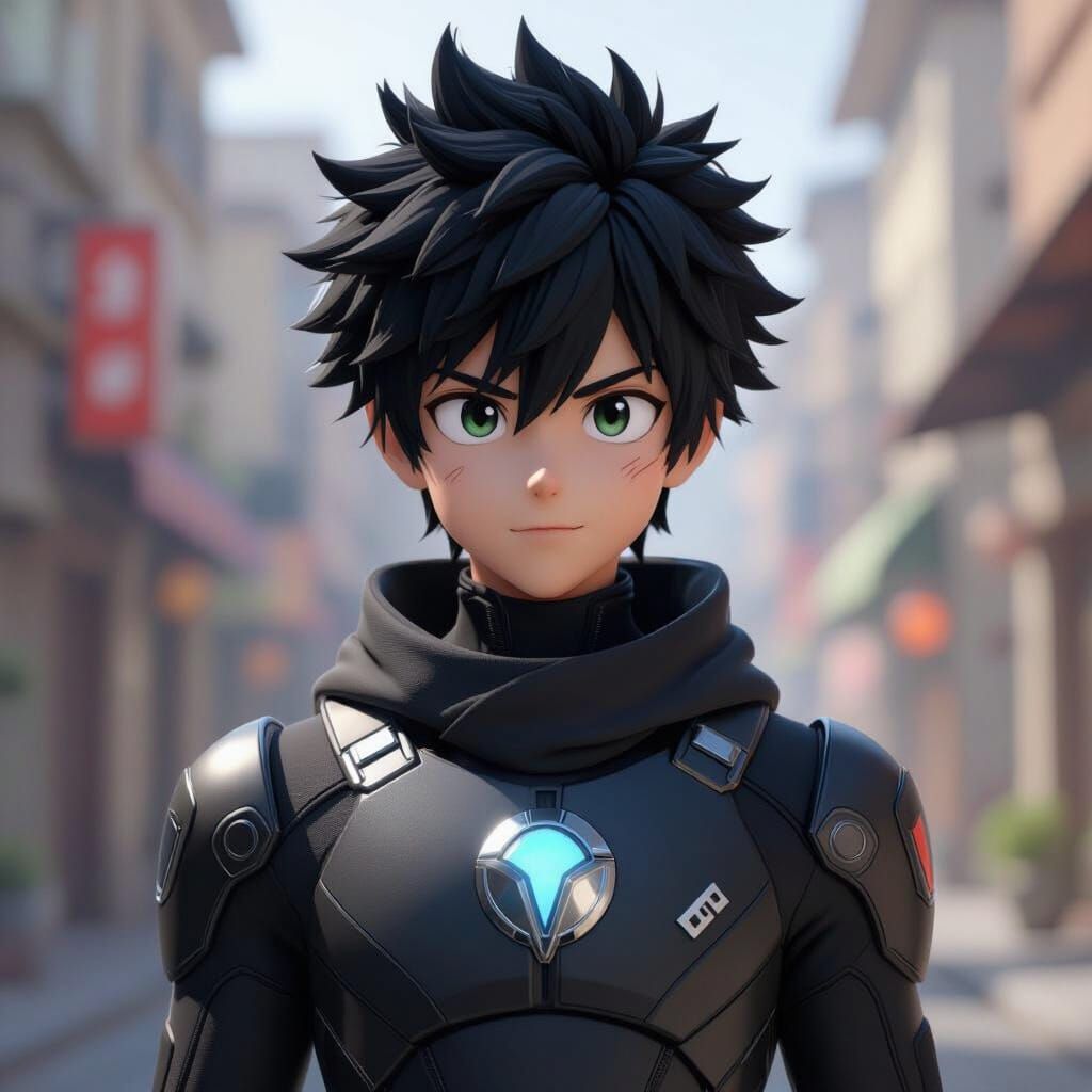 Young Hero in Black Stealth Suit, 3D Anime Style