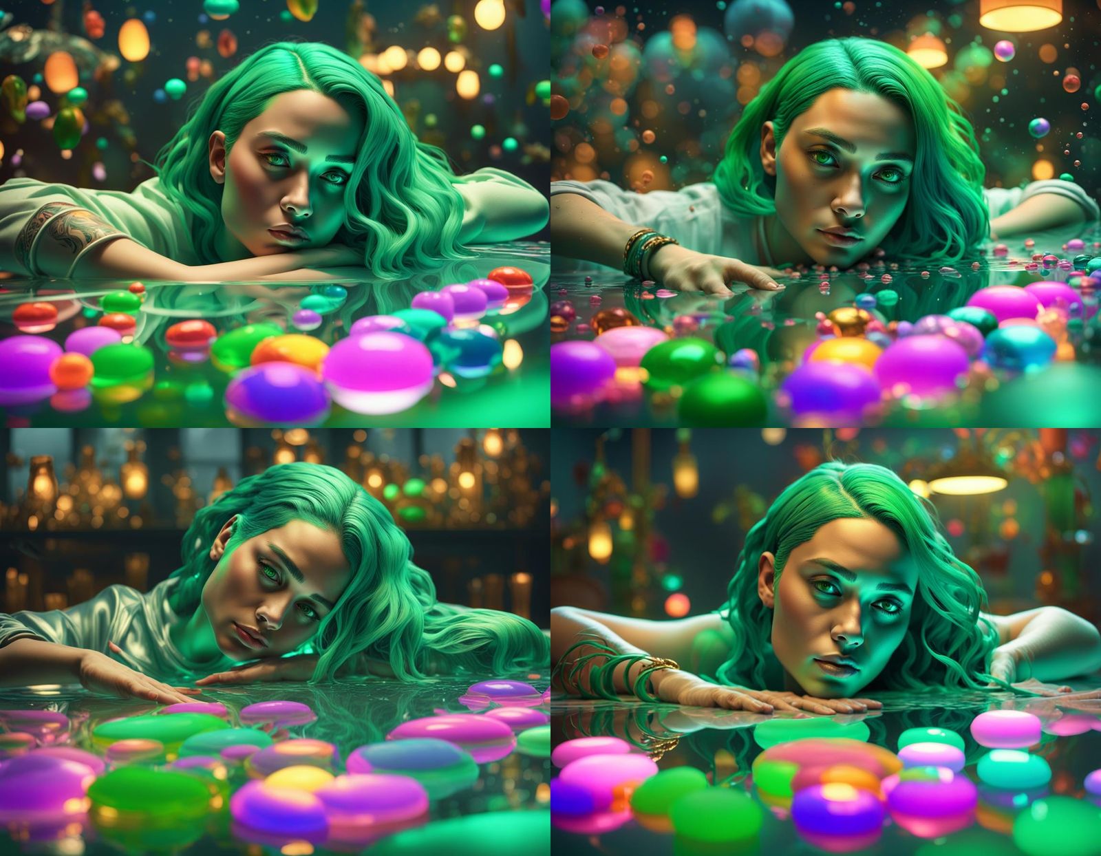 Beautiful Green-Haired Woman in Marbles, Hyperrealistic Art