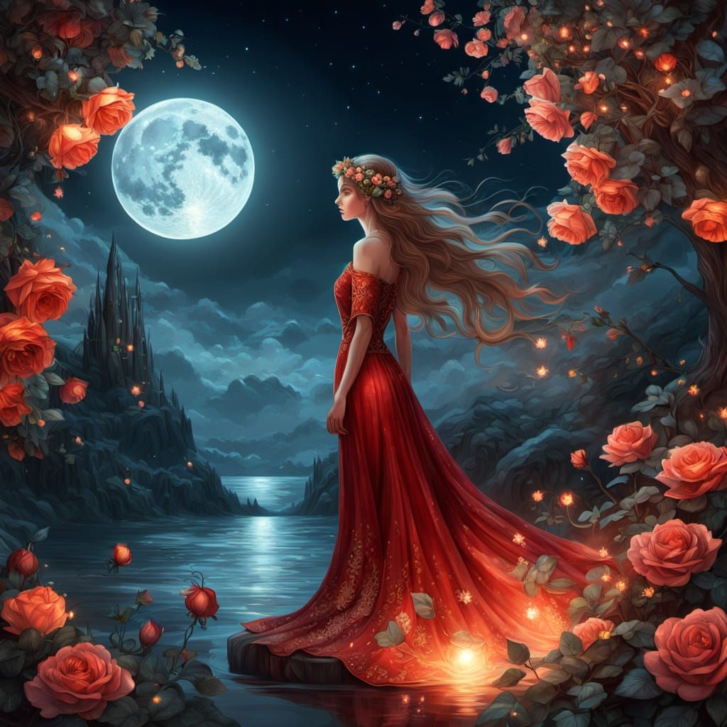 Mystical Woman in Swirling Red Dress Amidst Enchanted Garden