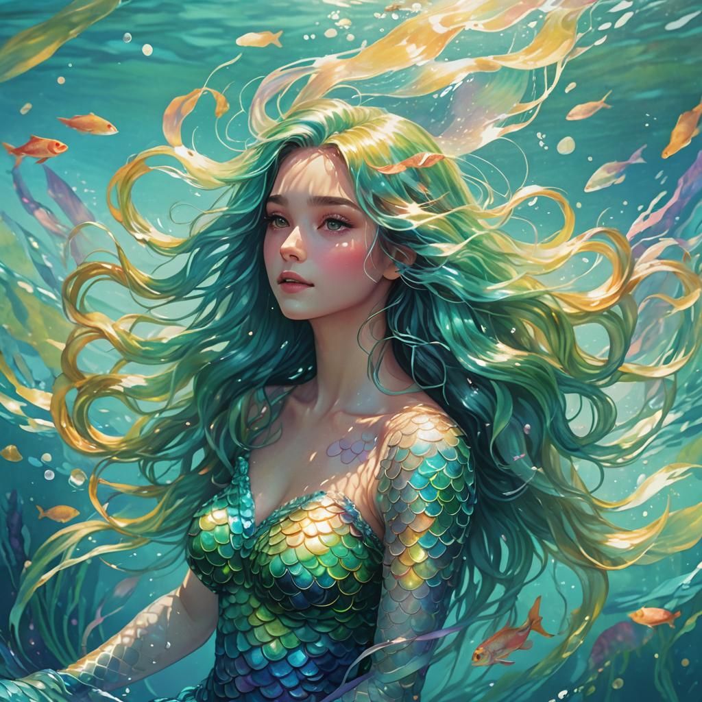 Iridescent Mermaid in Sunlit Ocean, Watercolor Style