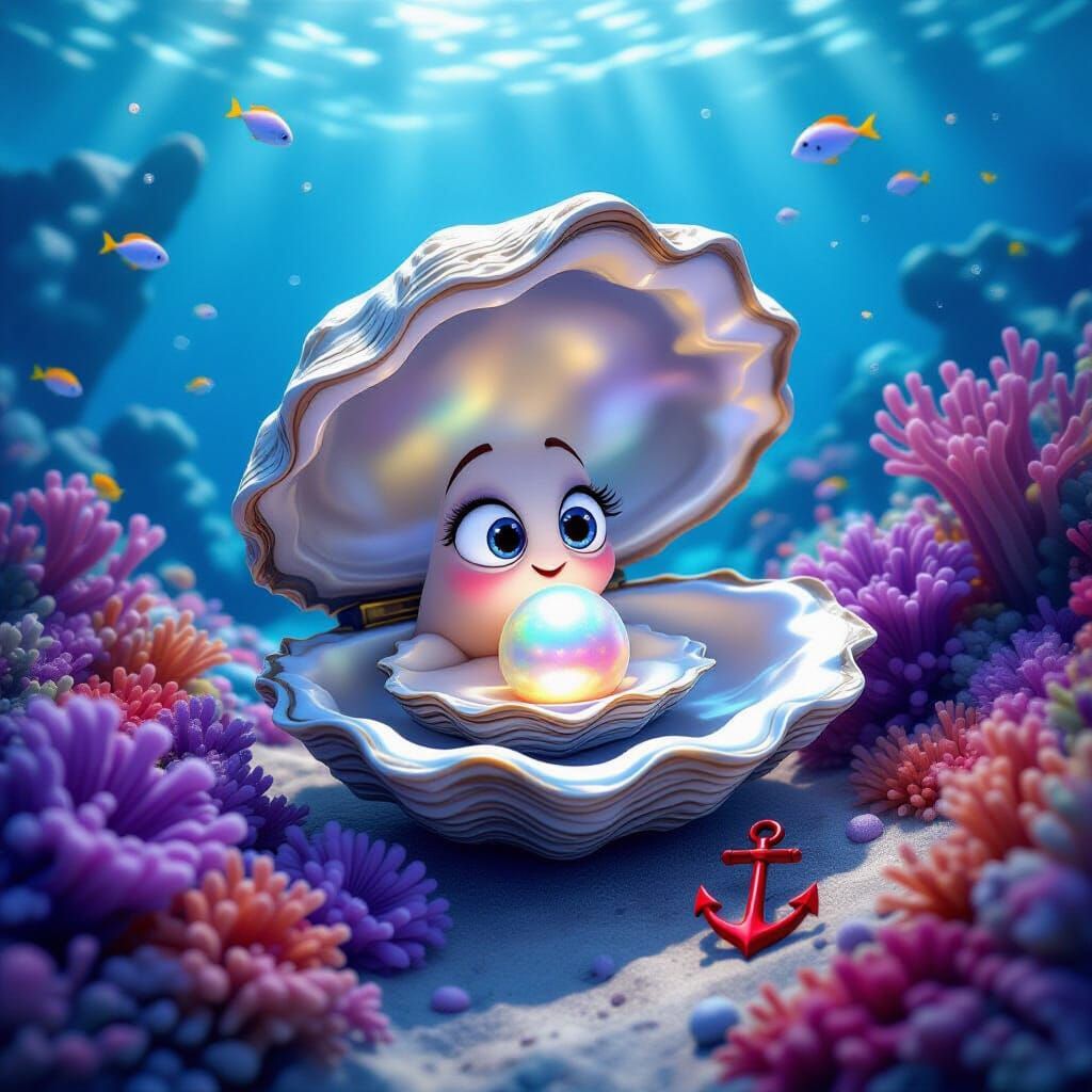 Bioluminescent Pearl Oyster in Pixar Style