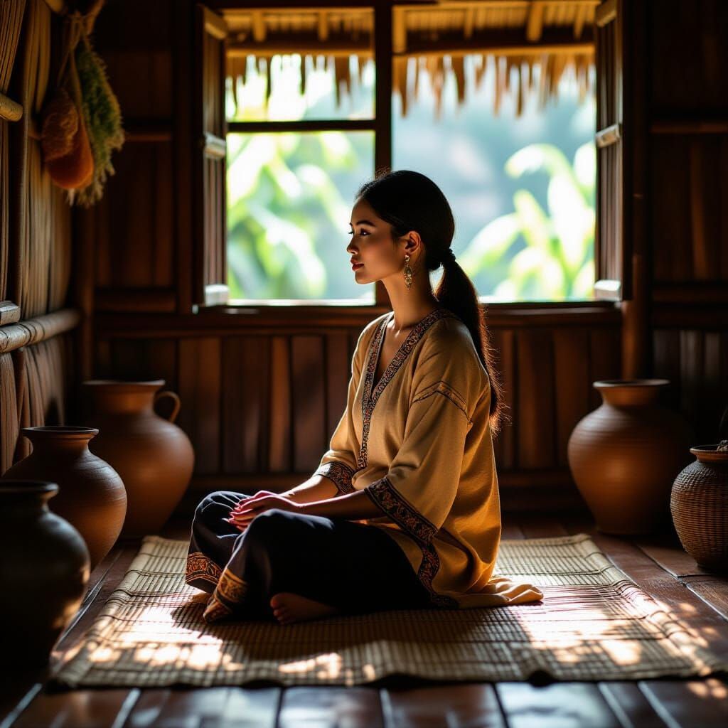 Vietnamese Woman in Traditional Stilt House, 8K Digital Stil...