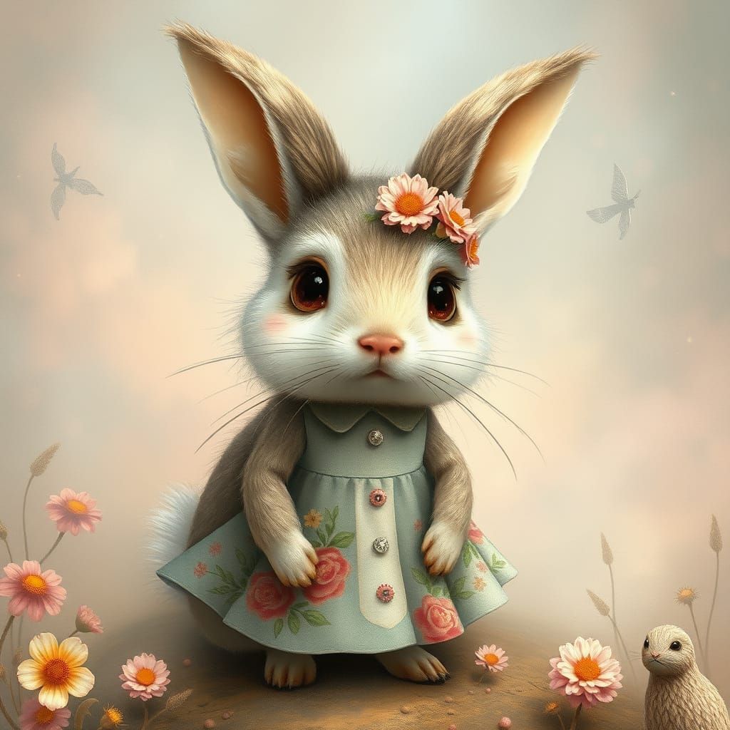 Cute Bunny in Floral Dress with Shimmering Eyes