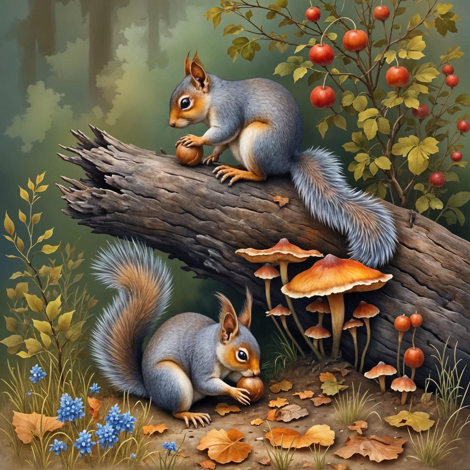 Two Gray Squirrels Foraging for Acorns in Forest