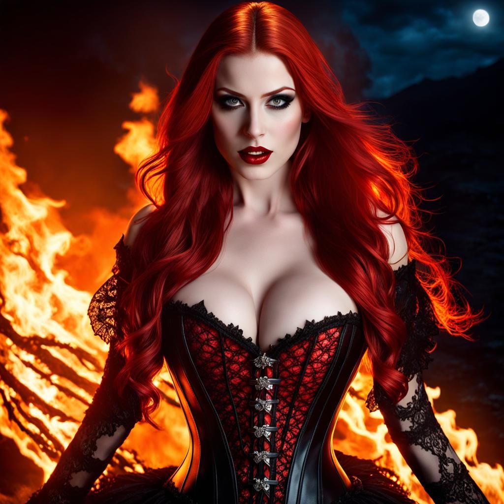 Redhead Vampire in Flames: Gothic Horror Portrait