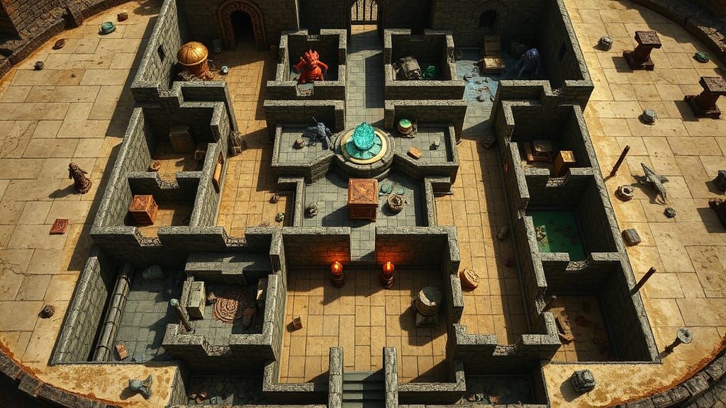 Isometric Dungeon Map with Monsters and Treasure