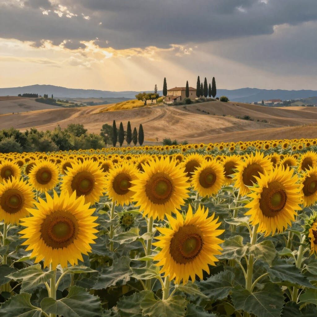 Tuscan Sunflowers in Dramatic Summer Light Realistic Style