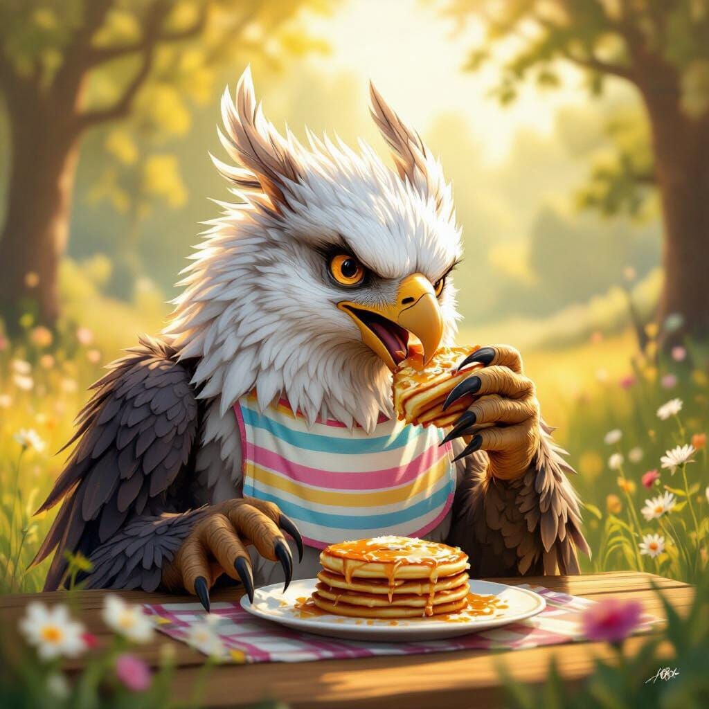A Griffin eating a pancake