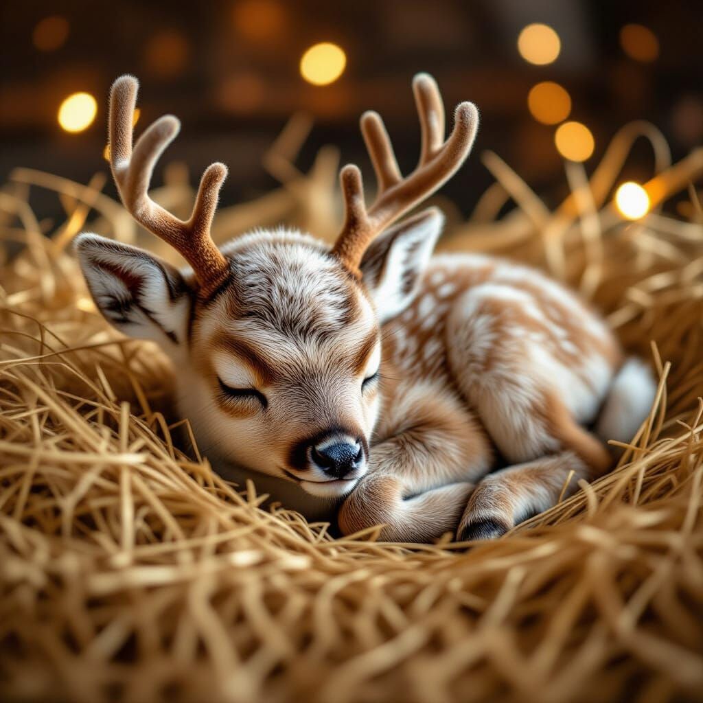 Adorable Baby Reindeer Sleeping in Warm Christmas Light