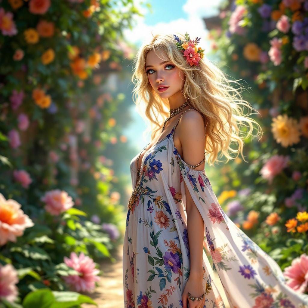 Anime Woman in Floral Landscape, 8k Vray Render