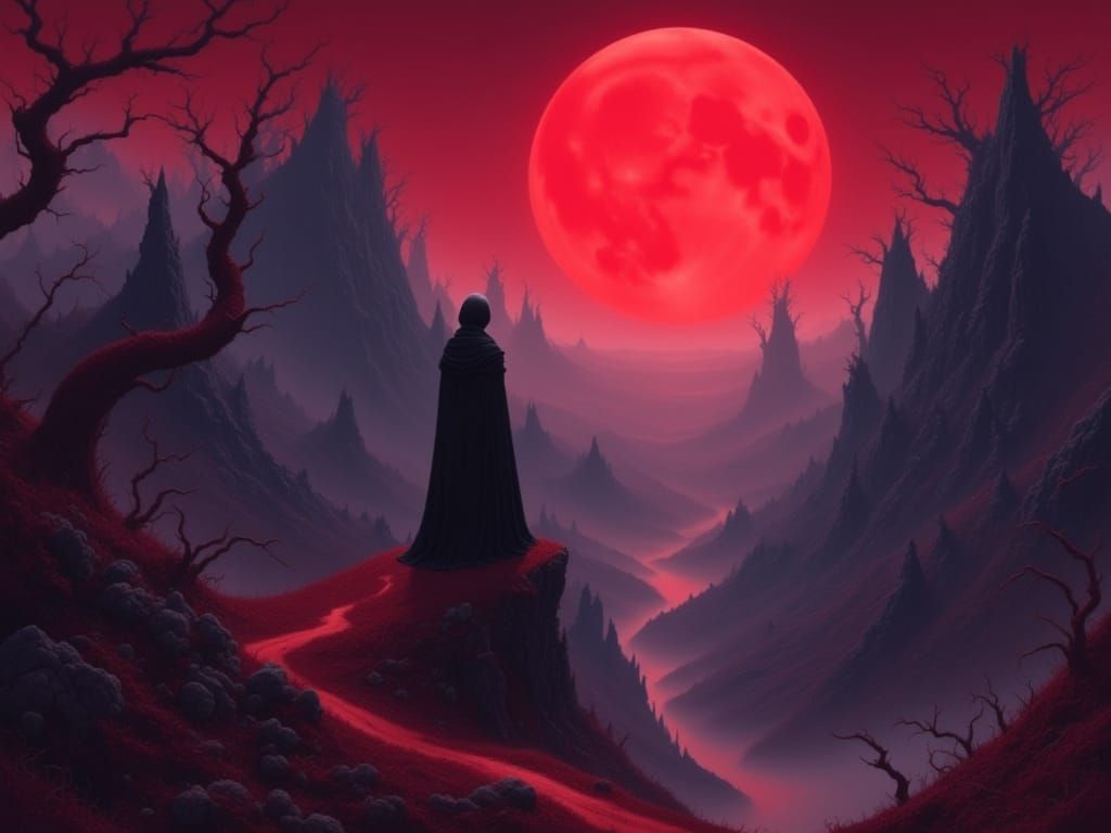 Fantasy Landscape Under Red Moonlight