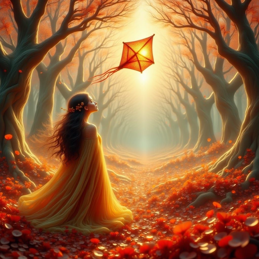 Girl Flying Kite in Leaf Storm as Impasto Painting