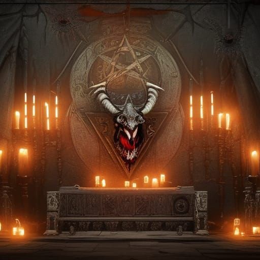 Rotting Zombie Goat Skulls on Altar, Fantasy Art