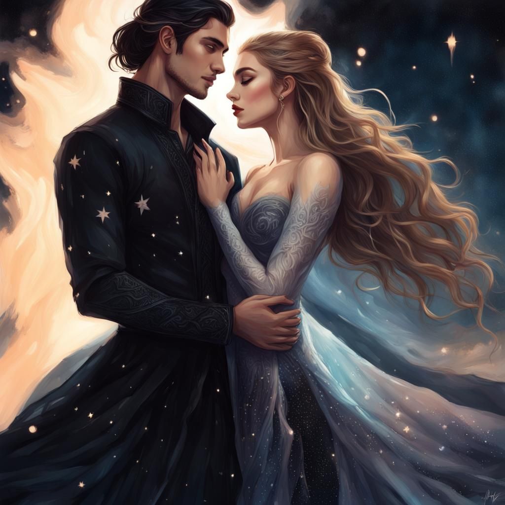 Lovers in a Starry Night, Hyperrealistic Splash Art