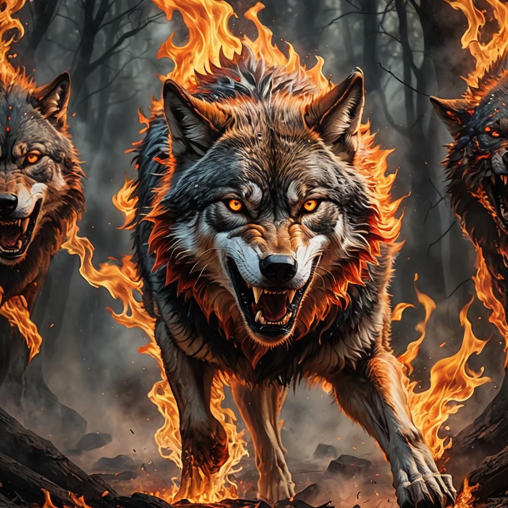 Menacing Wolf Surrounded by Fiery Flames in Dark Fantasy Sty...