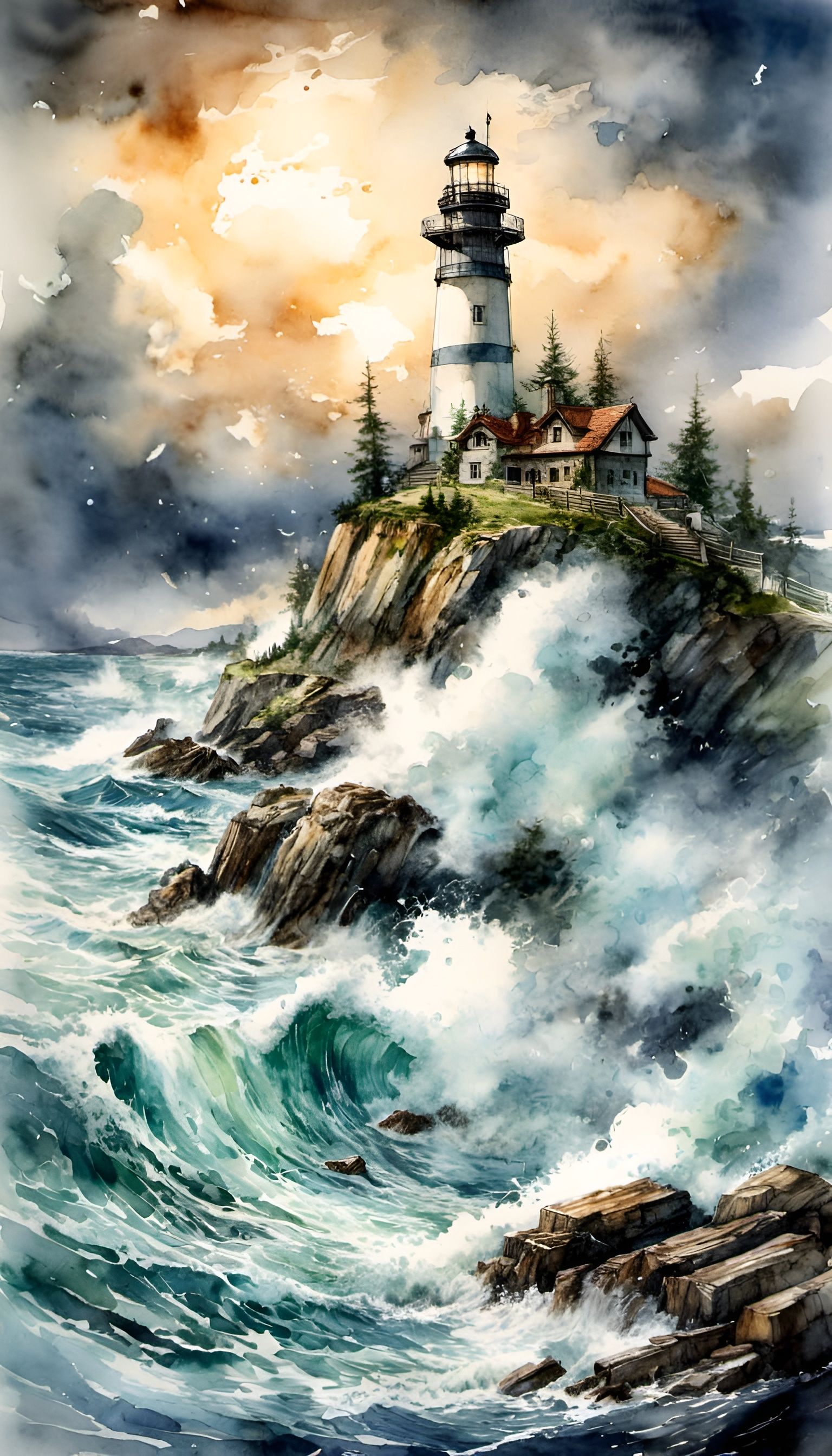 Watercolor Lighthouse in Epic Thunderstorm