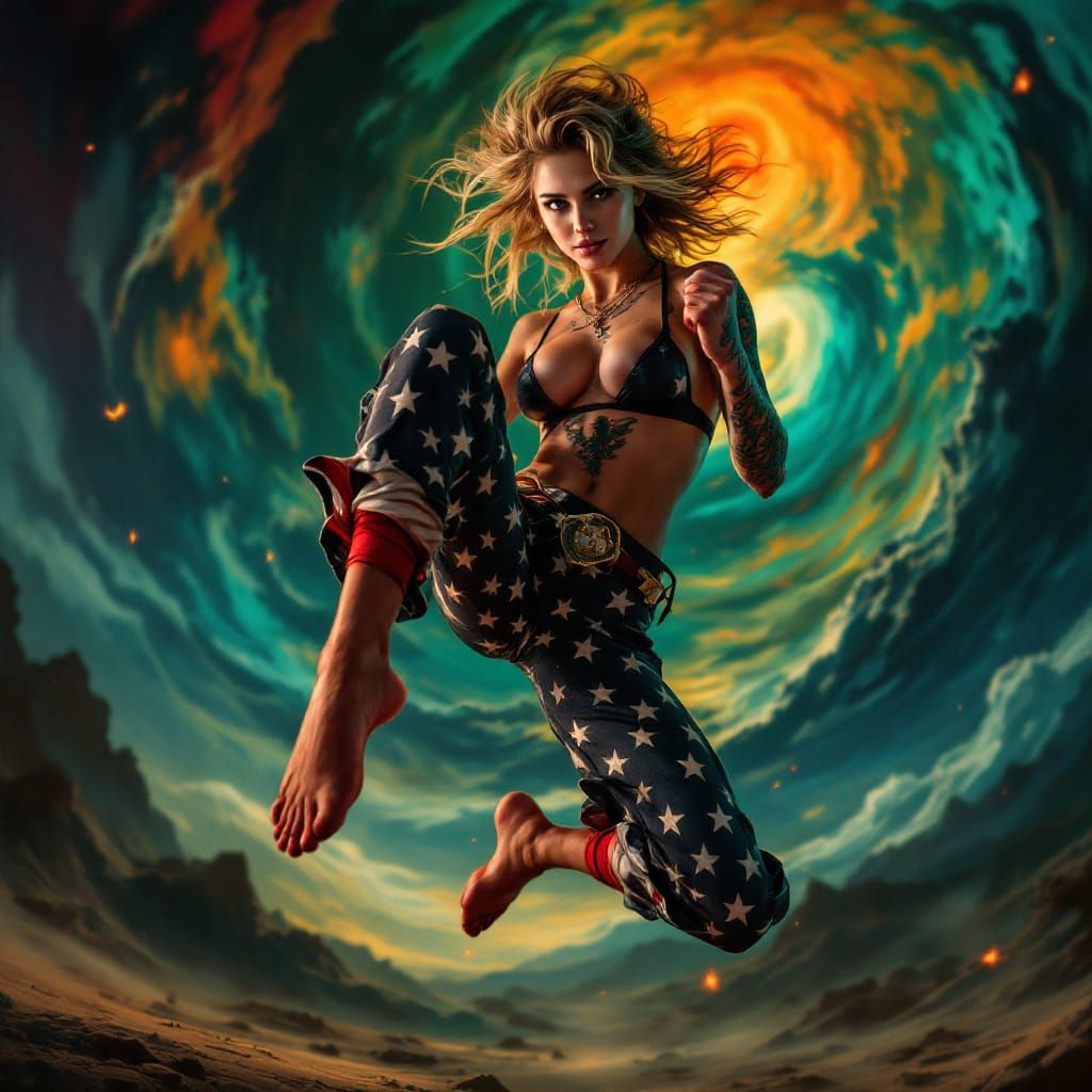 American Flag Tattooed Woman in Surreal Setting