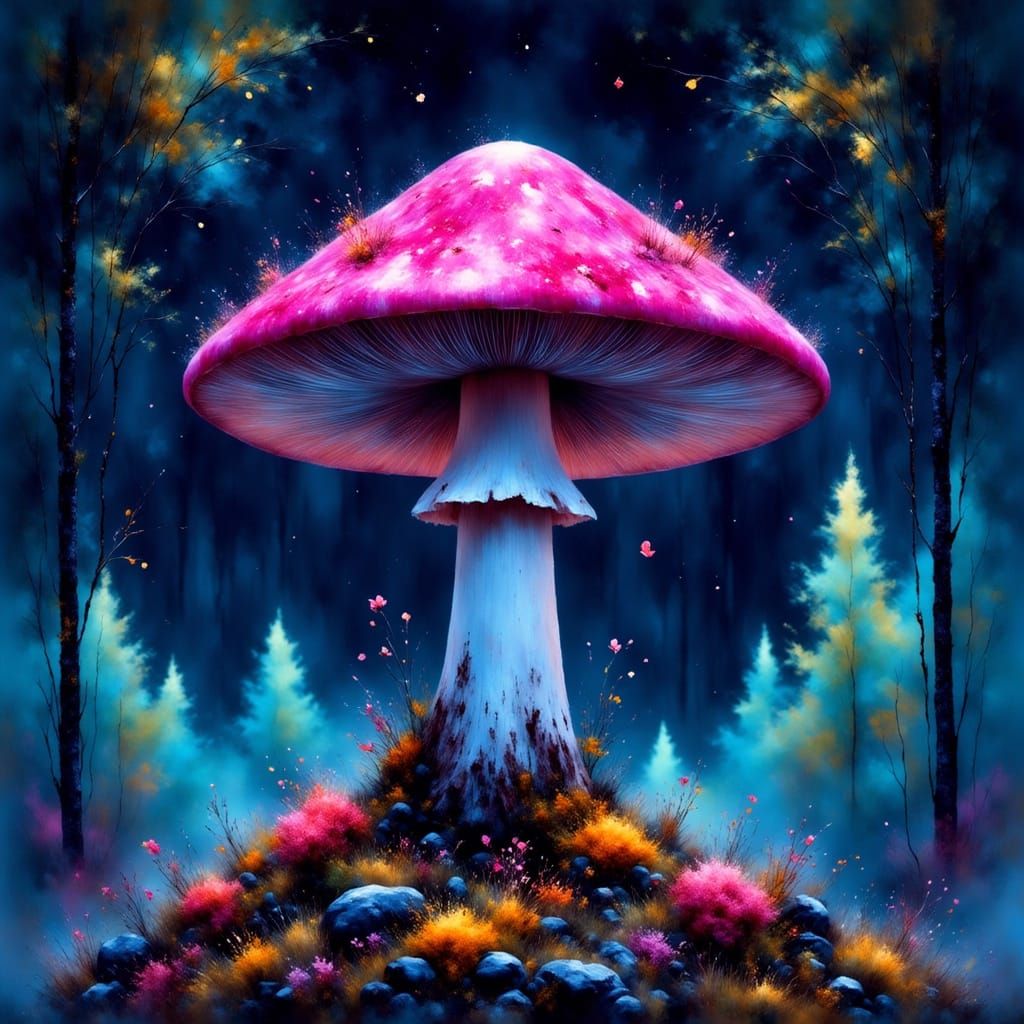 Bioluminescent Mushroom in Neon Fantasy Landscape