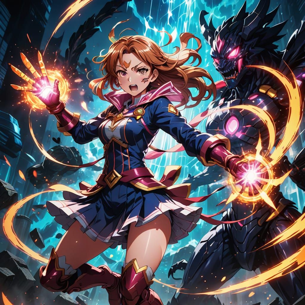 Magical Girl Unleashes Sparkling Attack on Shadow Monster