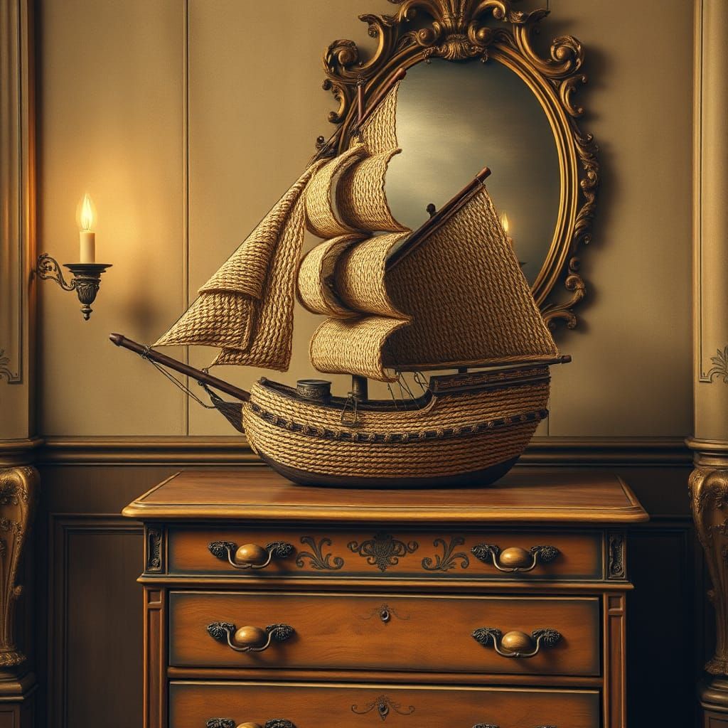 Knitted Caravel on Golden Chest: Detailed Charcoal Drawing